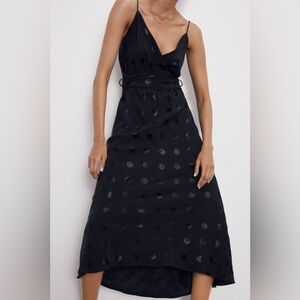NWT Zara Women’s Black Polka Dot Jacquard Spaghetti Strap Midi Dress Size Small